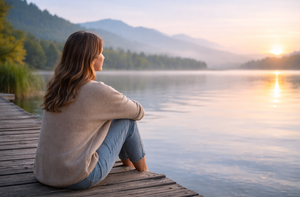 Am Seeufer mit Blick in den Sonnenaufgang Morgens am Seeufer