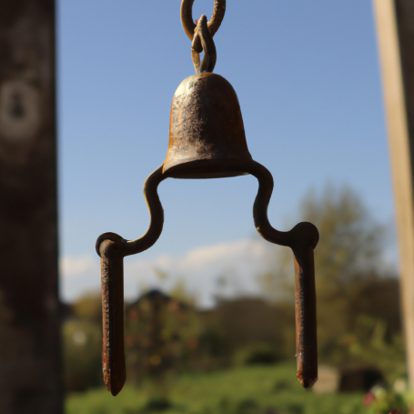 Eine "alte" kleine Glocke wird durch zwei gleichlange Zapfen im Gleichgewicht gehalten.